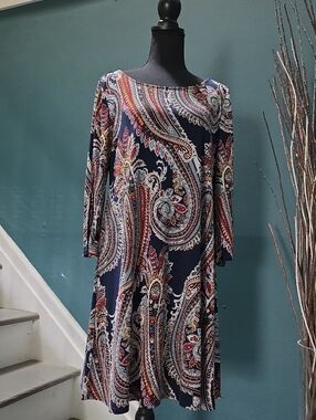 Roz & Ali Navy Paisley Midi Swing Dress with Multicolor Print